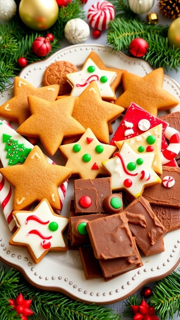A platter of Christmas treats with gingerbread cookies, peppermint bark, and fudge, decorated with holiday ornaments.